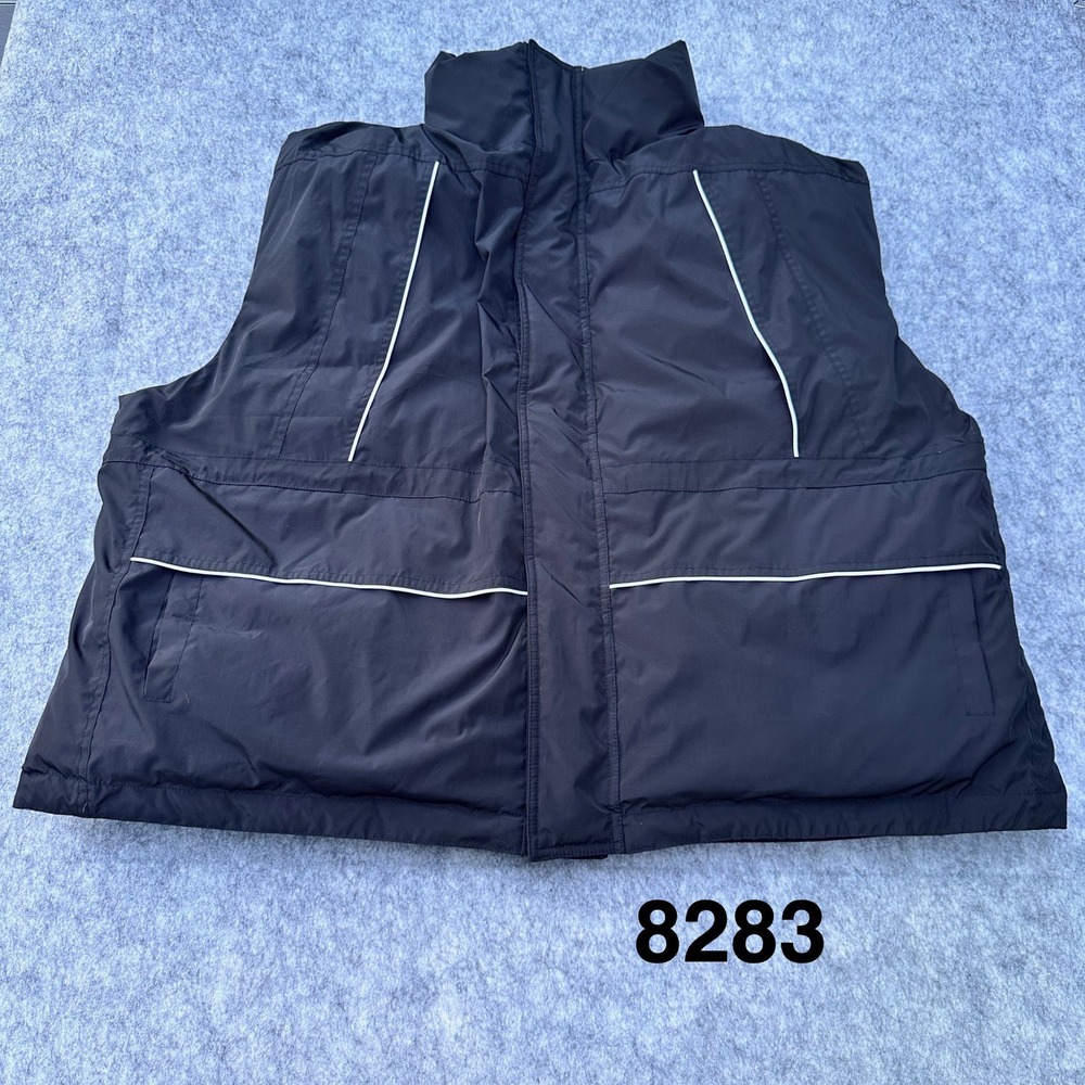 D2 By Product Black Puffer Vest Duck Down Insulated Hidden Hood Reflective Trim